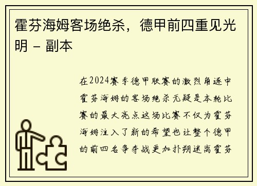 霍芬海姆客场绝杀，德甲前四重见光明 - 副本