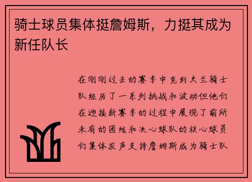 骑士球员集体挺詹姆斯，力挺其成为新任队长