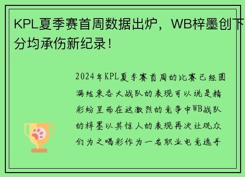 KPL夏季赛首周数据出炉，WB梓墨创下分均承伤新纪录！