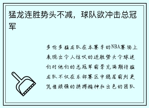 猛龙连胜势头不减，球队欲冲击总冠军