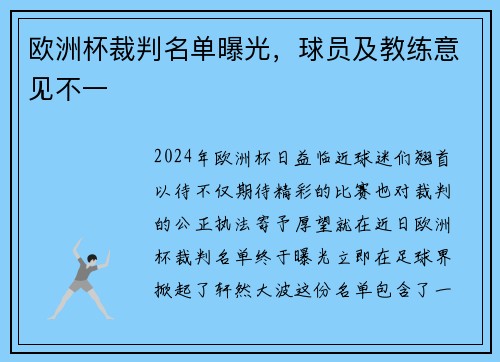 欧洲杯裁判名单曝光，球员及教练意见不一