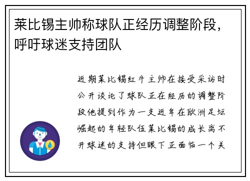 莱比锡主帅称球队正经历调整阶段，呼吁球迷支持团队