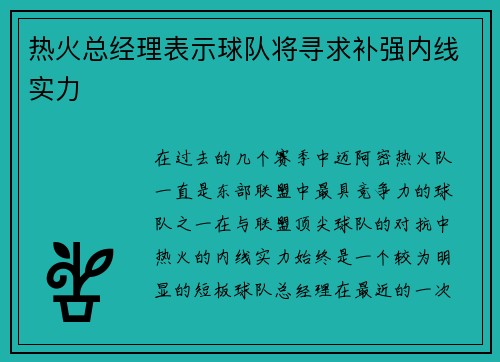 热火总经理表示球队将寻求补强内线实力