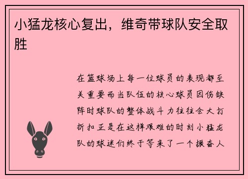 小猛龙核心复出，维奇带球队安全取胜