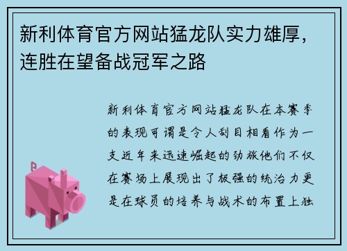 新利体育官方网站猛龙队实力雄厚，连胜在望备战冠军之路